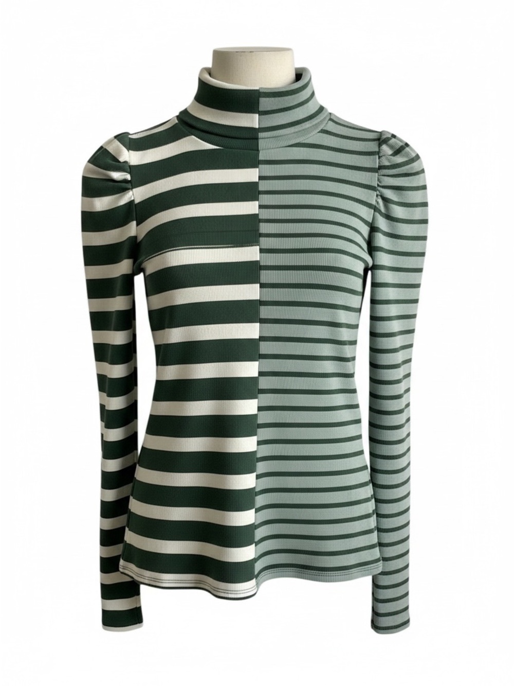 Veronica Beard Striped Mock Neck Long-Sleeve Top in Dark Green & Sage